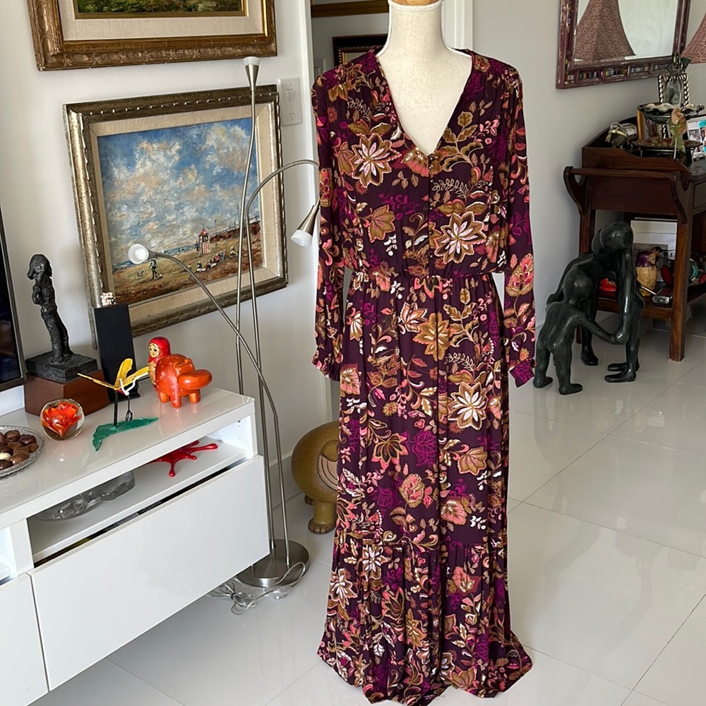 Beige by eci Purple/Gold/White Long Sleeve Floral Print V Neck Maxi Dress